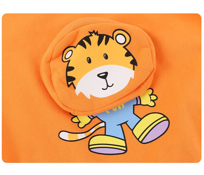 圓領假兩件長袖上衣-老虎印花-橘+黑色