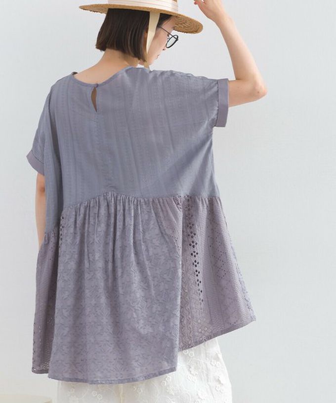 日本 Lupilien - 100%印度棉 柔美緹花長版短袖上衣-炭灰