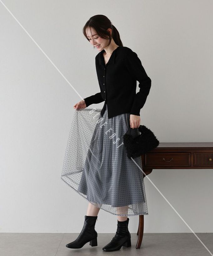 日本 BLUE EAST - 華麗雙層薄紗魅力長裙(可選長度)-格紋-淺卡其 (long)