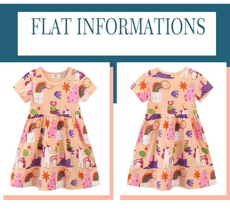 Jumping meters - 棉質圓領短袖洋裝-雲朵獨角獸世界-粉橘色