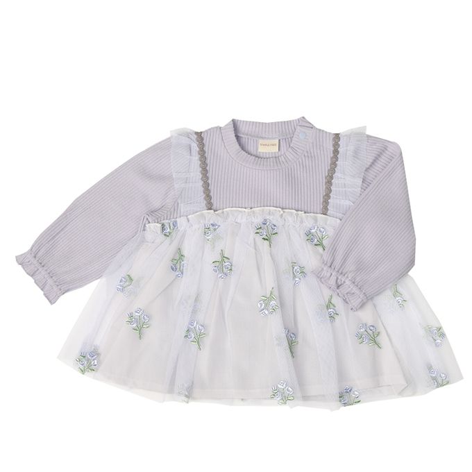 akachan honpo - 長袖假兩件休閒上衣-刺繍-紫色