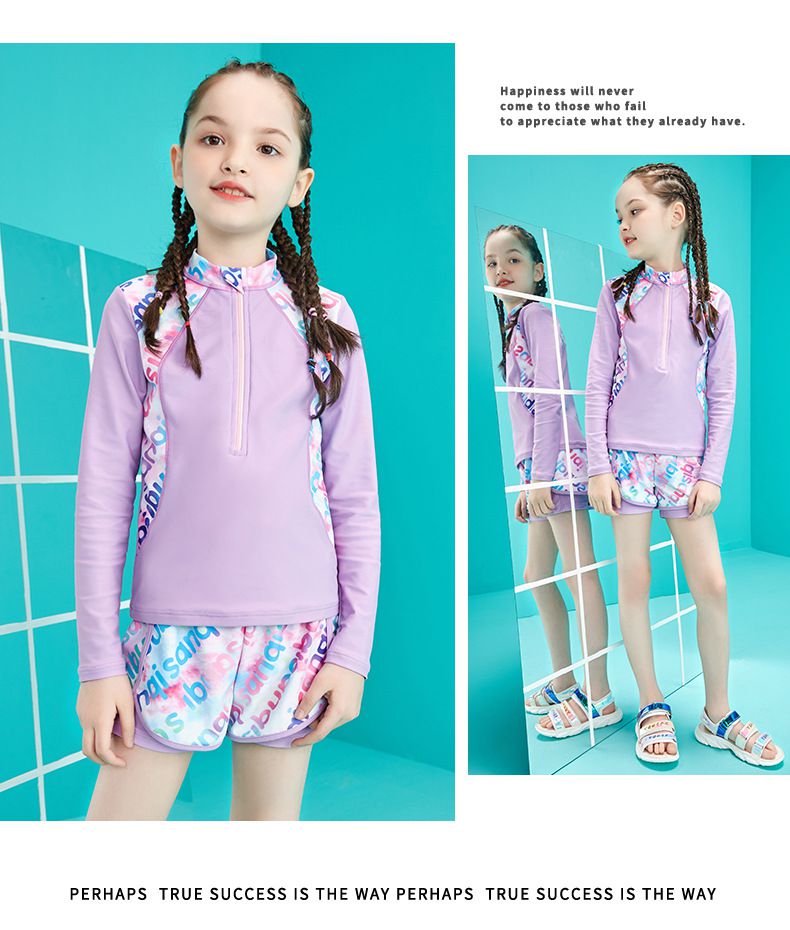 女寶運動風長袖泳衣套裝-繽紛假兩件短褲-紫色