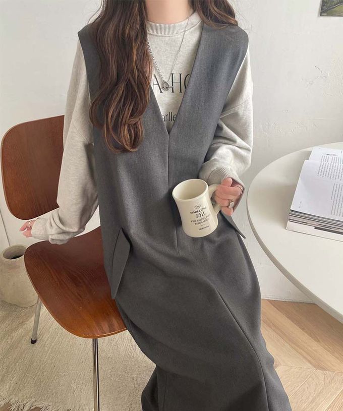 日本 Classical Elf - 簡約深V領氣質線條背心裙-炭灰