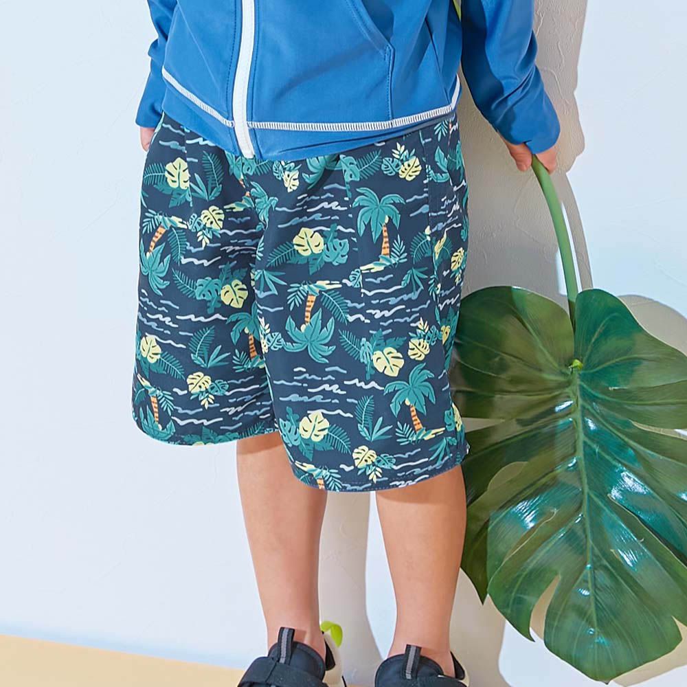 90%抗UV 鬆緊印花沙灘褲/泳褲(含內褲)-棕櫚樹-海軍藍