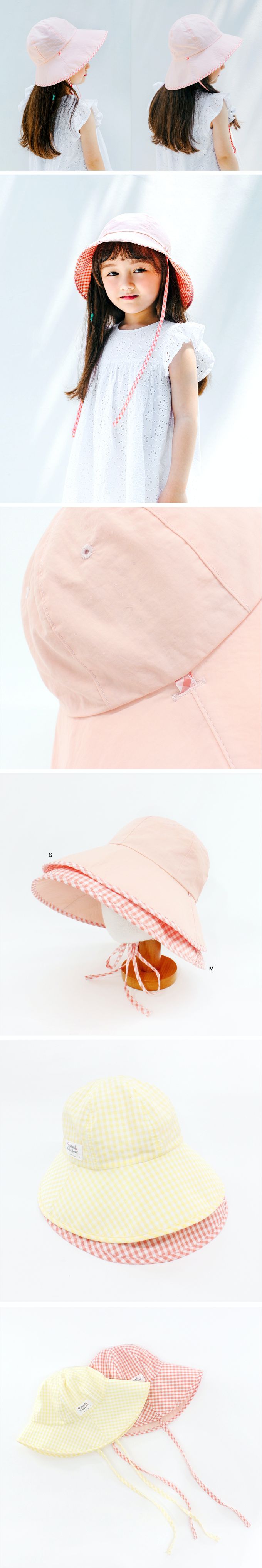 韓國 Chenny Bong Bong - 兒童雙面用小格綁帶漁夫帽-粉橘