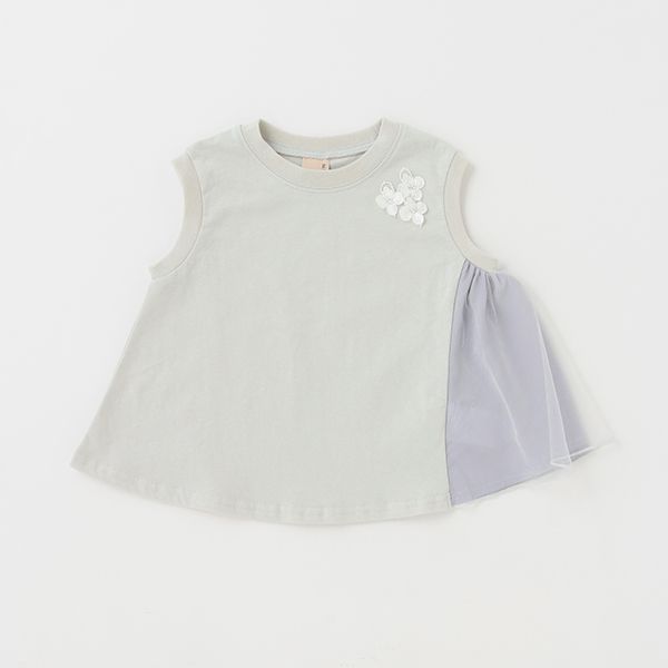 日本 petit main - 小花薄紗拼接A line無袖上衣-淺綠