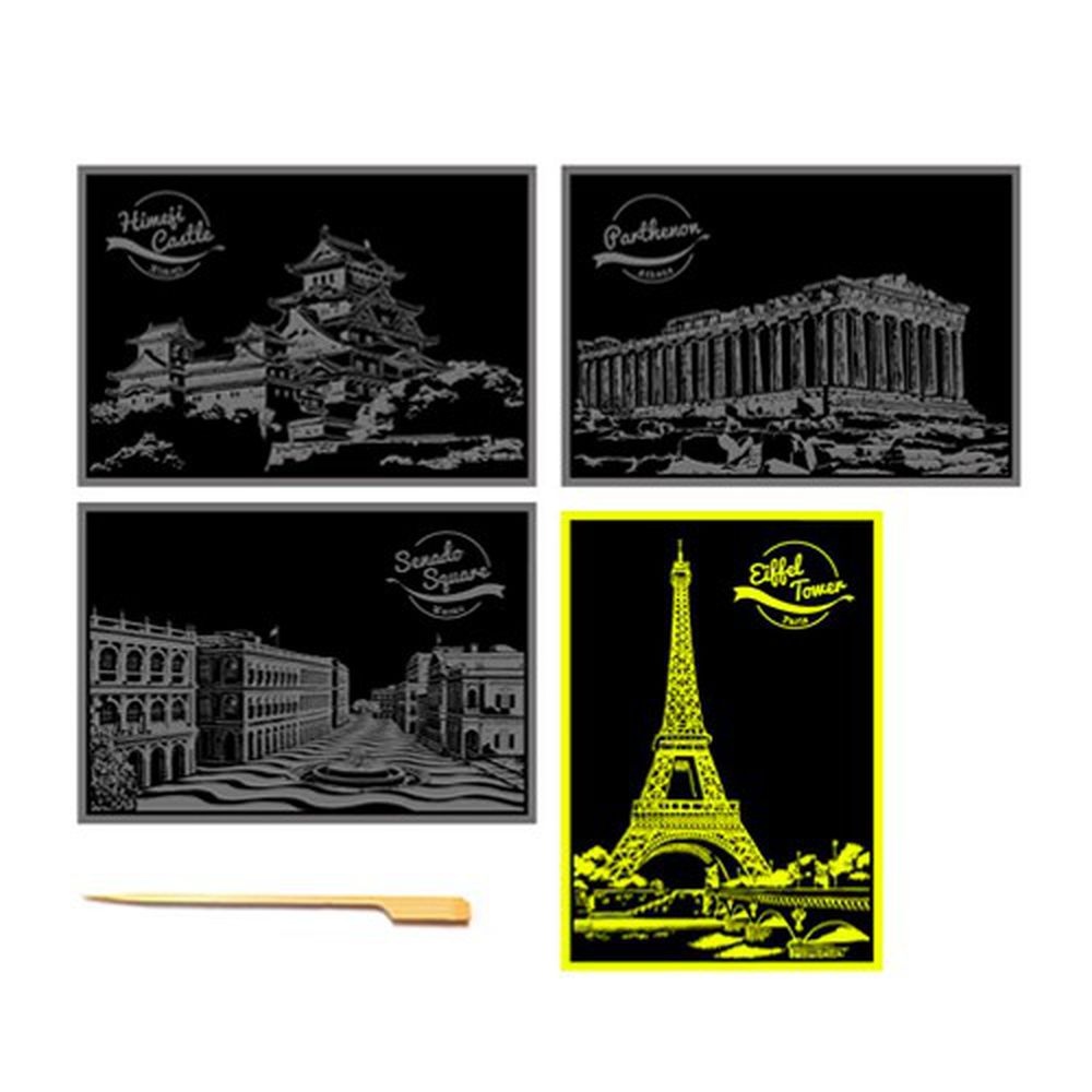 Lago - 手刮城市金色夜景明信片組-Ver.2:姬路城、雅典神殿、澳門廣場、巴黎鐵塔