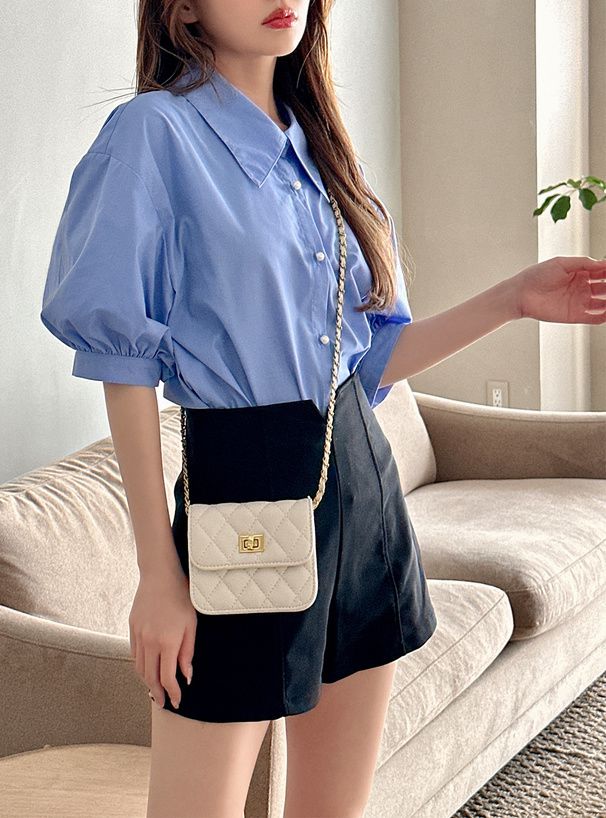 日本 GRL - 後綁帶翻領泡泡袖襯衫-米白 (F)