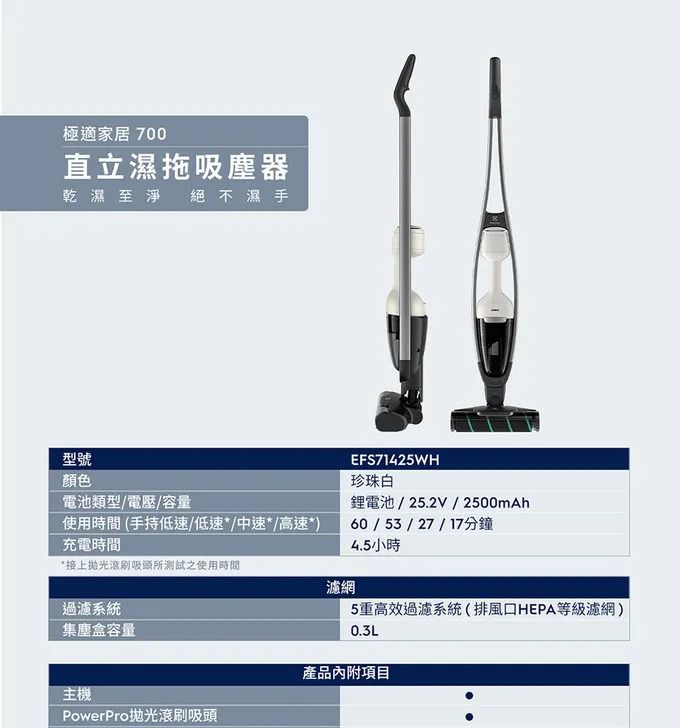 乾濕兩用、超強吸力【Electrolux 伊萊克斯】直立濕拖吸塵器