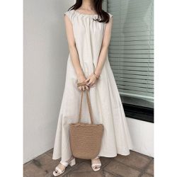 日本 GRL - 領口皺折清新休閒無袖洋裝-象牙米 (F)