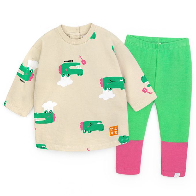 韓國 Pimpollo - 滿版鱷魚廚師長版套裝-黃X米