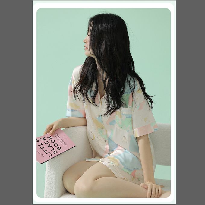 日月水彩色塊涼感冰雪絲開襟套裝居家服