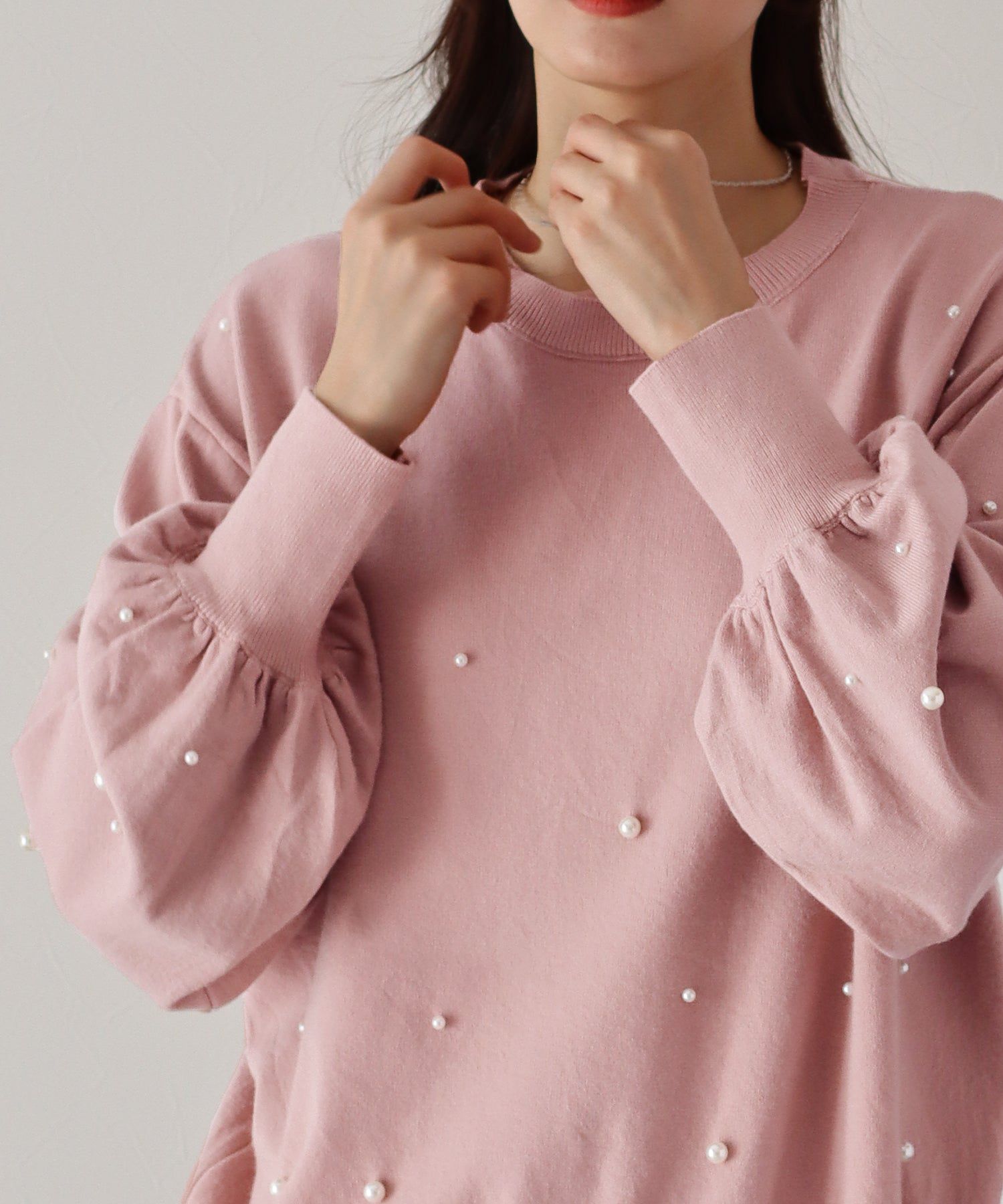 日本 BLUE EAST - 氣球袖珍珠注目針織上衣-粉紅