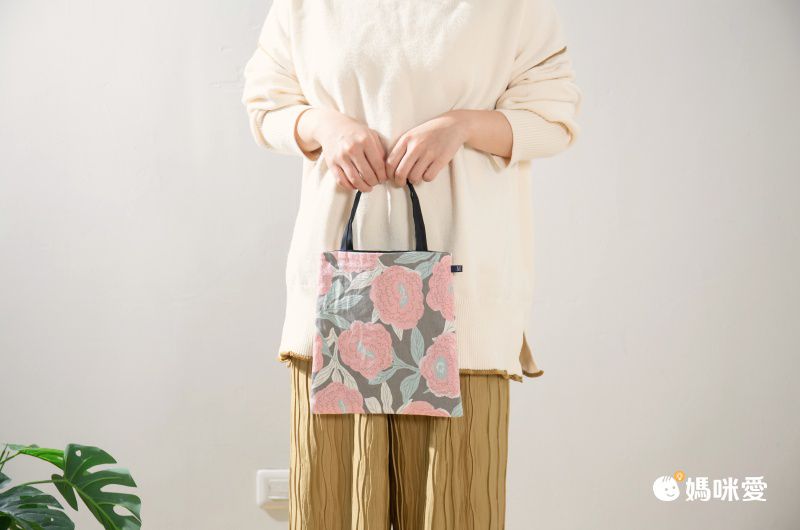 日本 Maison Blanche - 日本製 棉麻手提小包-芍藥-粉 (23x24cm)-提把黑