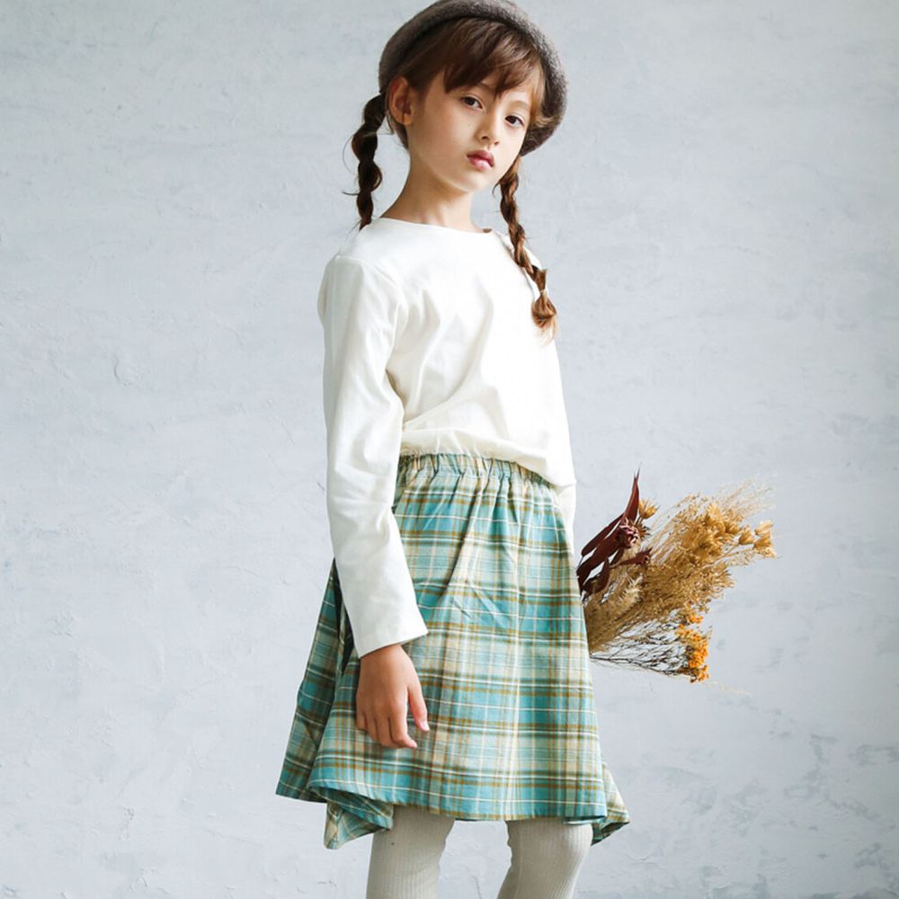 日本 PAIRMANON - 柔棉異材質上下拼接長袖洋裝-格紋-白綠