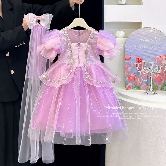 韓版精緻淺粉紫蓬裙洋裝配蝴蝶結頭紗髮夾-萬聖節造型服