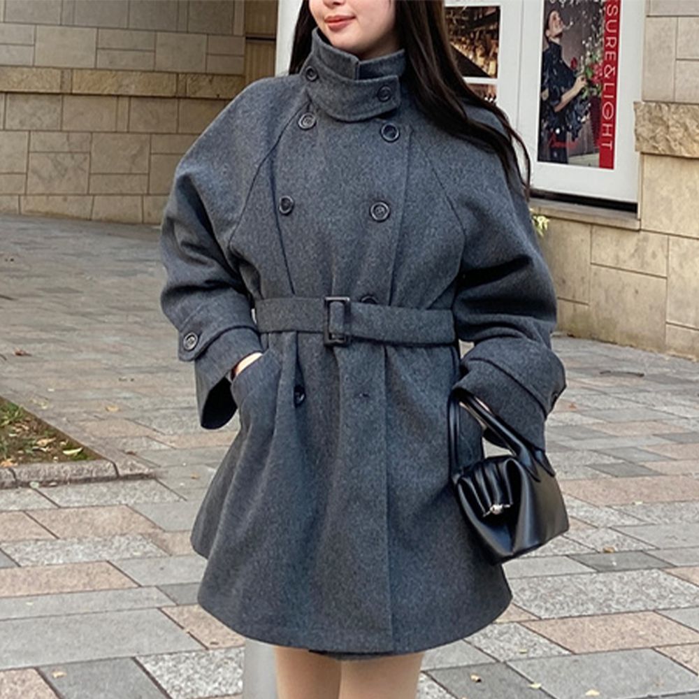 2WAY立領變化經典大衣外套(附腰帶)-灰 (F)