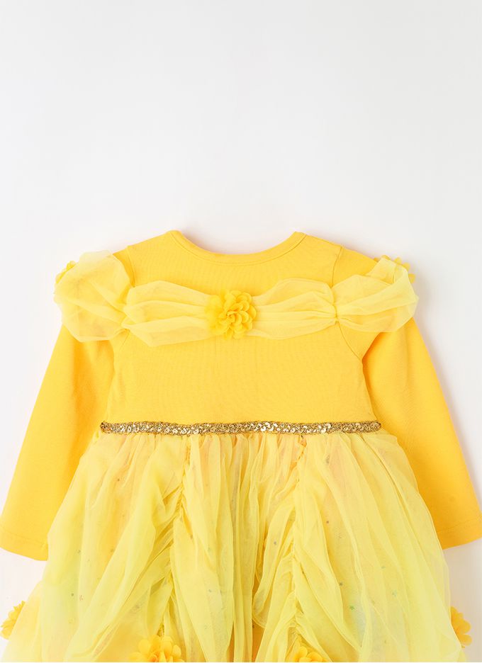 韓國 OZKIZ - (附配飾)花朵層次裝飾公主網紗洋裝-黃