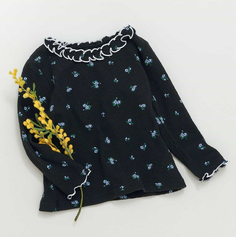 荷葉木耳領華夫格薄長袖上衣-小花-黑