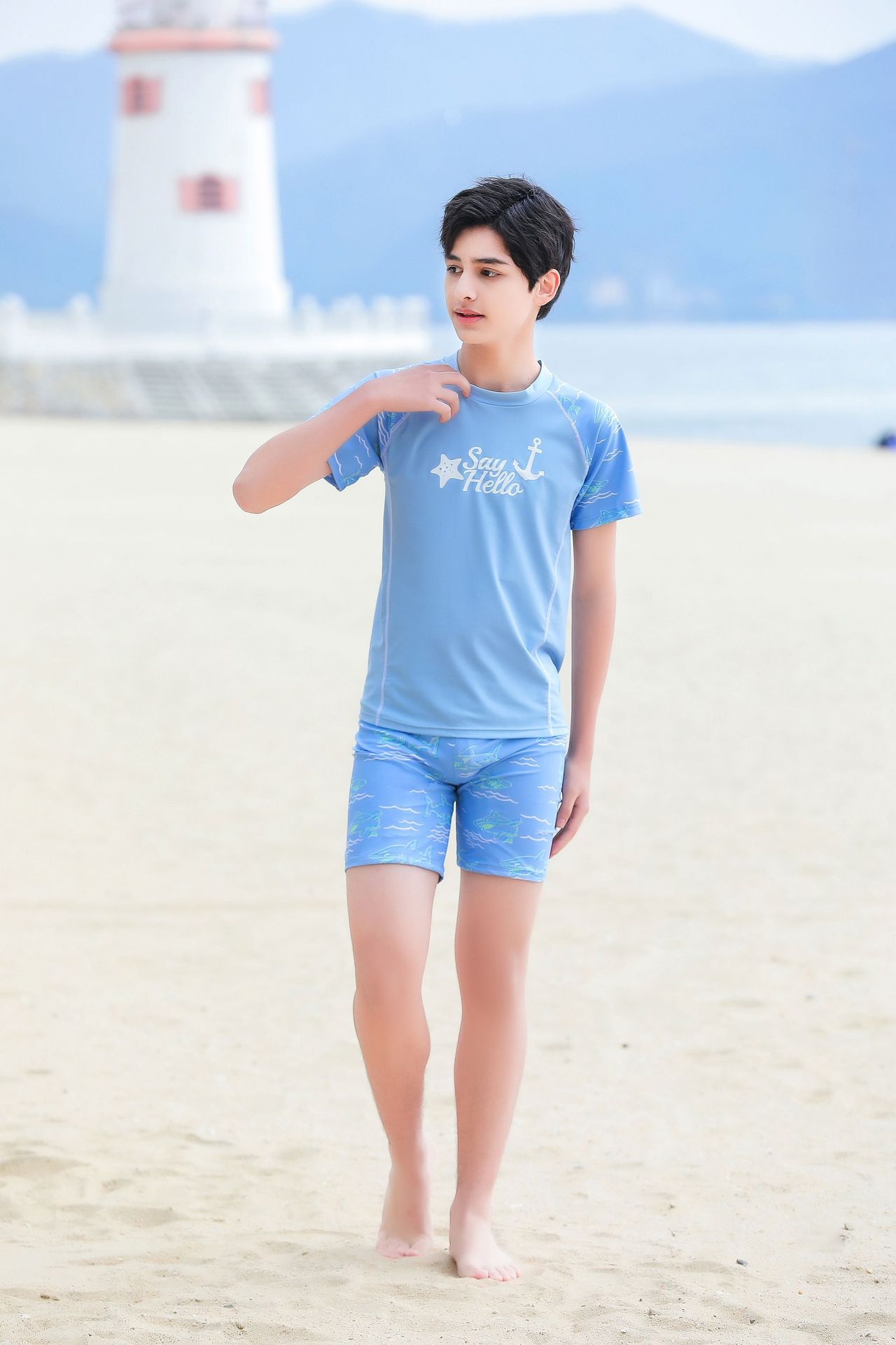 大童男孩短袖泳衣套裝(二件組)-星星船錨-淺藍色-泳衣、泳褲