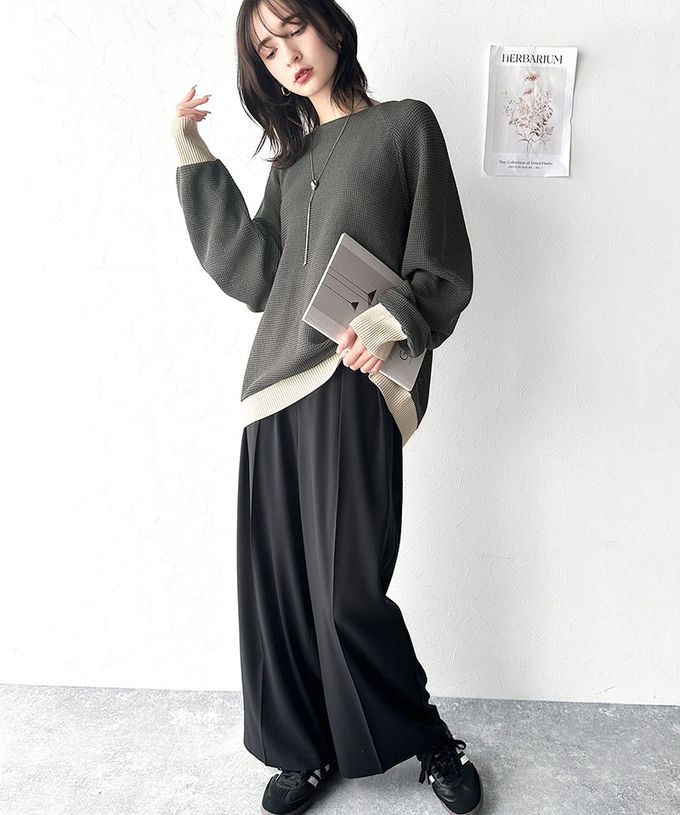 日本 Classical Elf - 透膚華夫格寬大率性長袖上衣-霧藍x米白