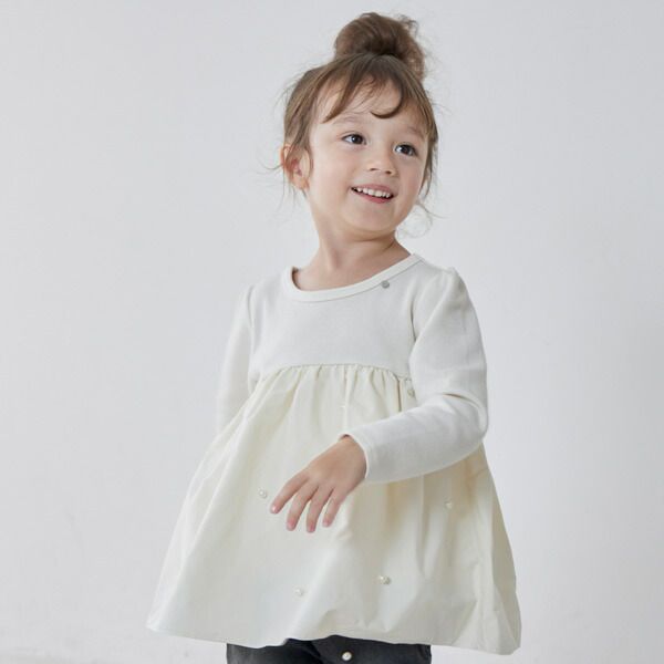 日本 petit main - 珍珠點綴傘狀拼接長袖上衣-淺粉