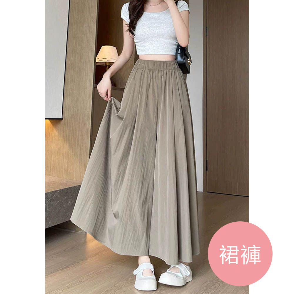 冰絲涼感瘦瘦裙褲-有口袋(可選長度)-卡其綠