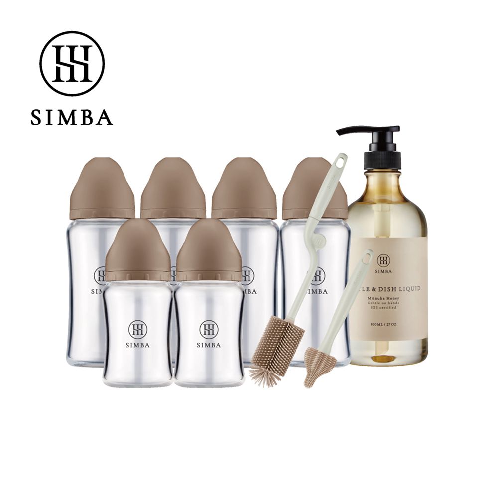 省力洗瓶！蘊蜜質金玻璃寬口奶瓶極淨組-全齡適用-摩卡慕斯