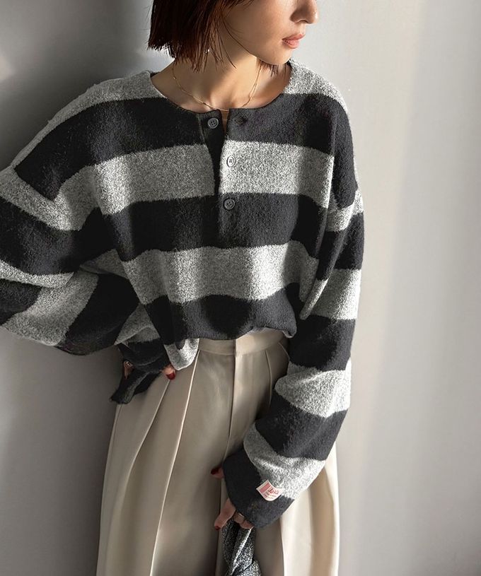 日本 Classical Elf - Java 率性亨利領寬鬆厚針織上衣-黑x灰