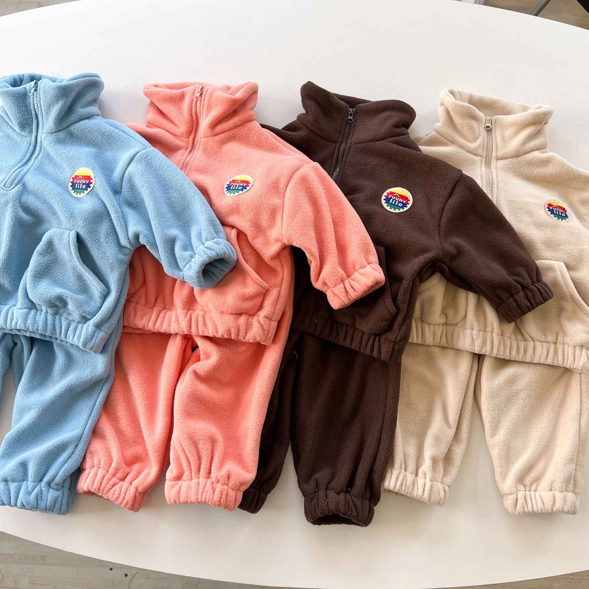 搖粒絨拉鍊休閒套裝-粉橘色