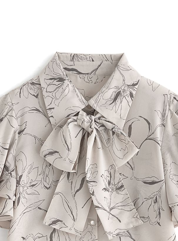 日本 GRL - 花朵線條蝴蝶結雪紡短袖上衣-簡約黑