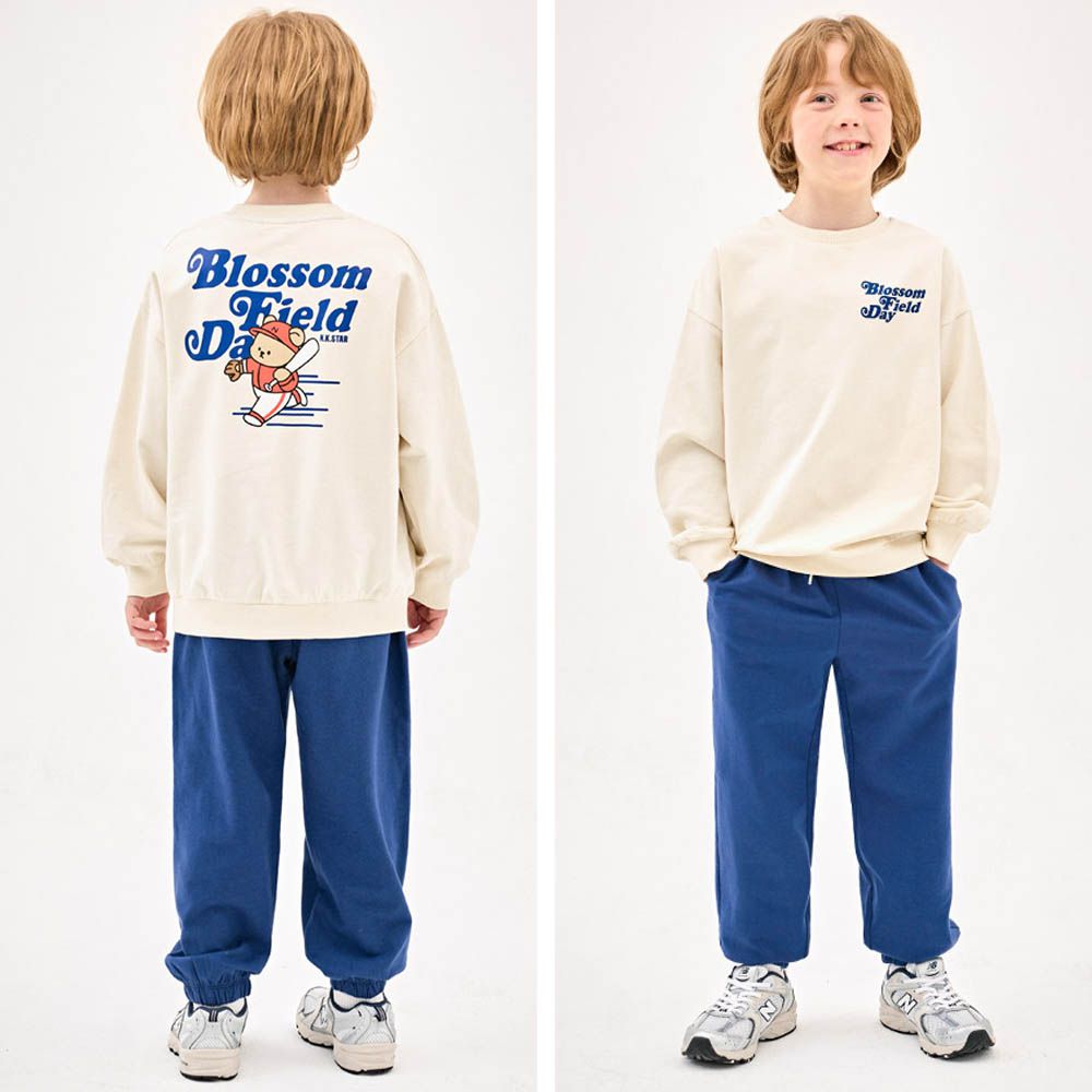 熊熊打棒球純棉長袖套裝-米白X深藍