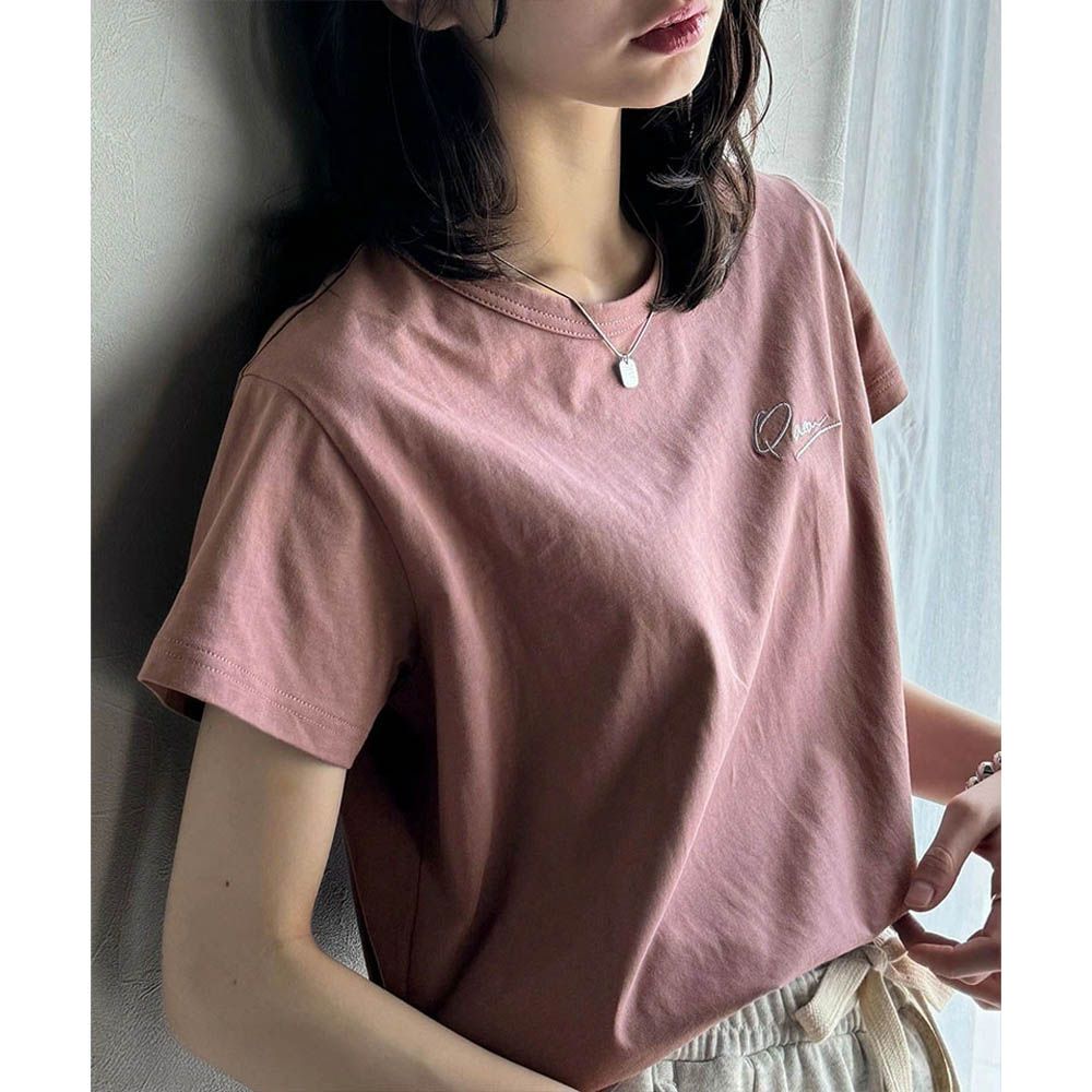胸前簡約刺繡logo有機棉短袖T恤-煙燻粉
