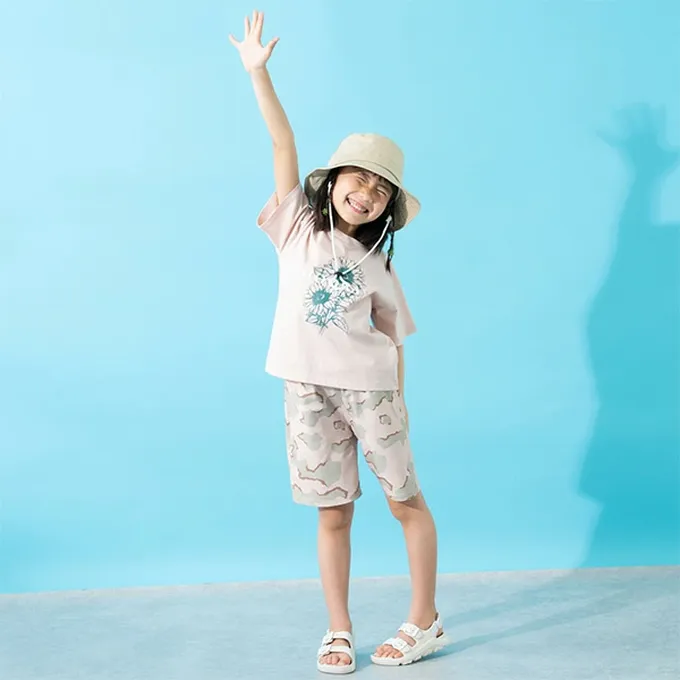 日本 petit main - 100%棉 清新印花短袖上衣-向日葵-鮭魚粉