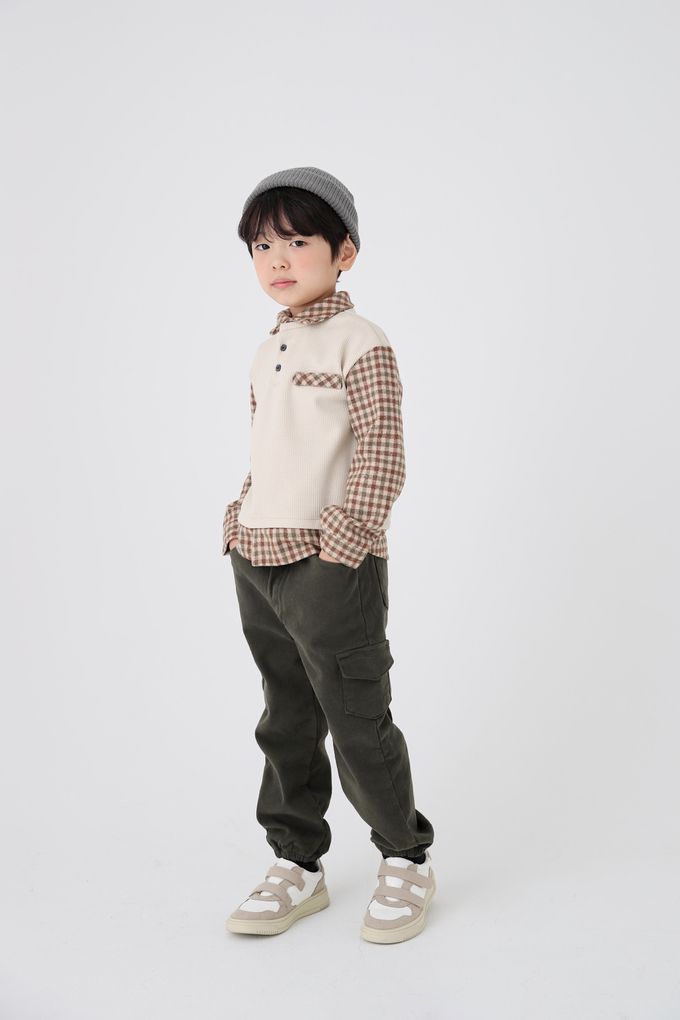 韓國 Coco Bang - 假兩件拼接格紋翻領長袖上衣-灰X黑