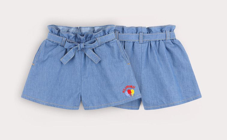 韓國 HEJMINI - 蝴蝶結綁帶軟牛仔短褲-藍