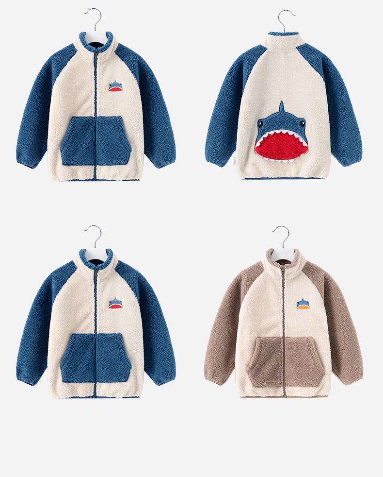 羊羔絨兒童保暖外套-鯊魚-咖啡色
