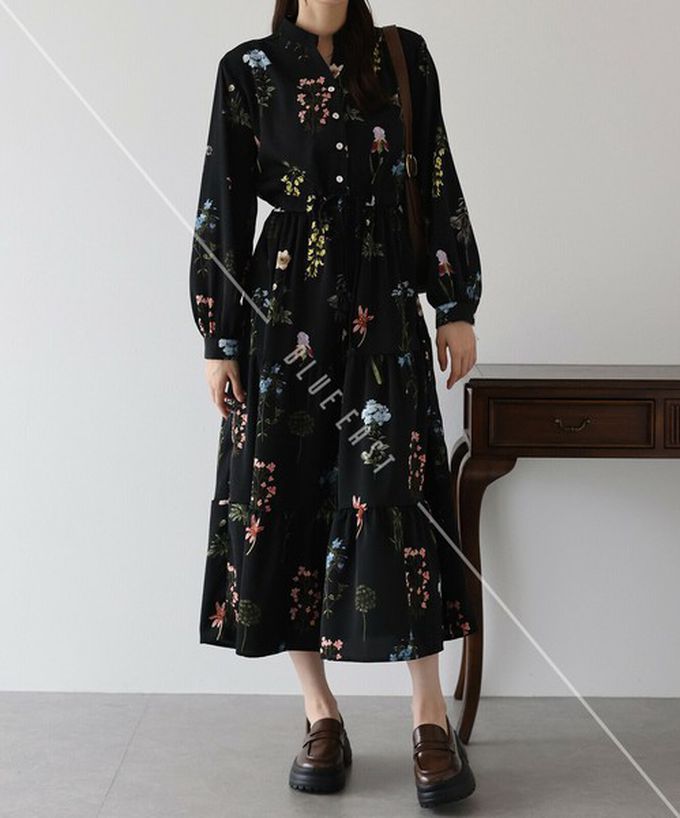 日本 BLUE EAST - [人氣款]簡約抽繩收腰長袖洋裝-撞色袖-黑 (一般長)