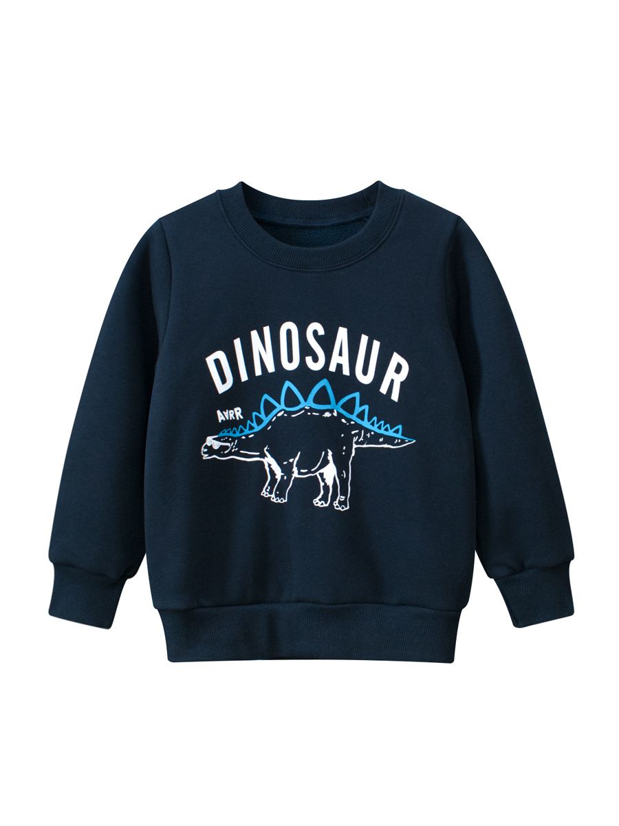 加絨棉質圓領長袖上衣/大學T-劍龍-深藍色