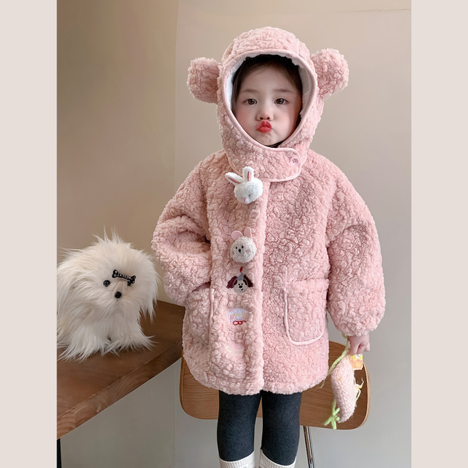 羔羊絨小動物裝飾釦連帽熊耳朵中長版外套 粉色外套