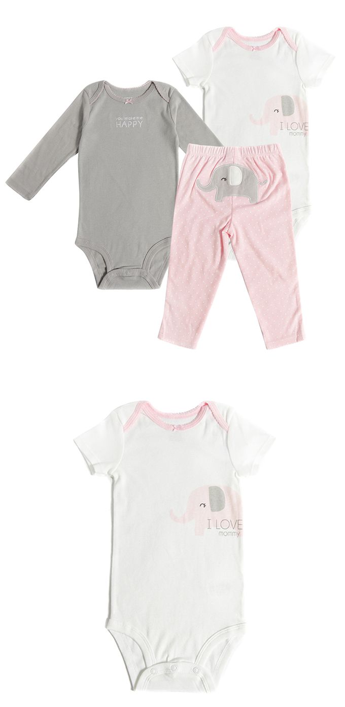 美國 Carter's - 大象短袖+長袖包屁衣+長褲套3件組