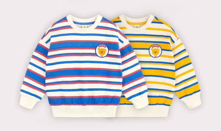 韓國 HEJMINI - (裏毛)熊熊徽章條紋上衣-黃