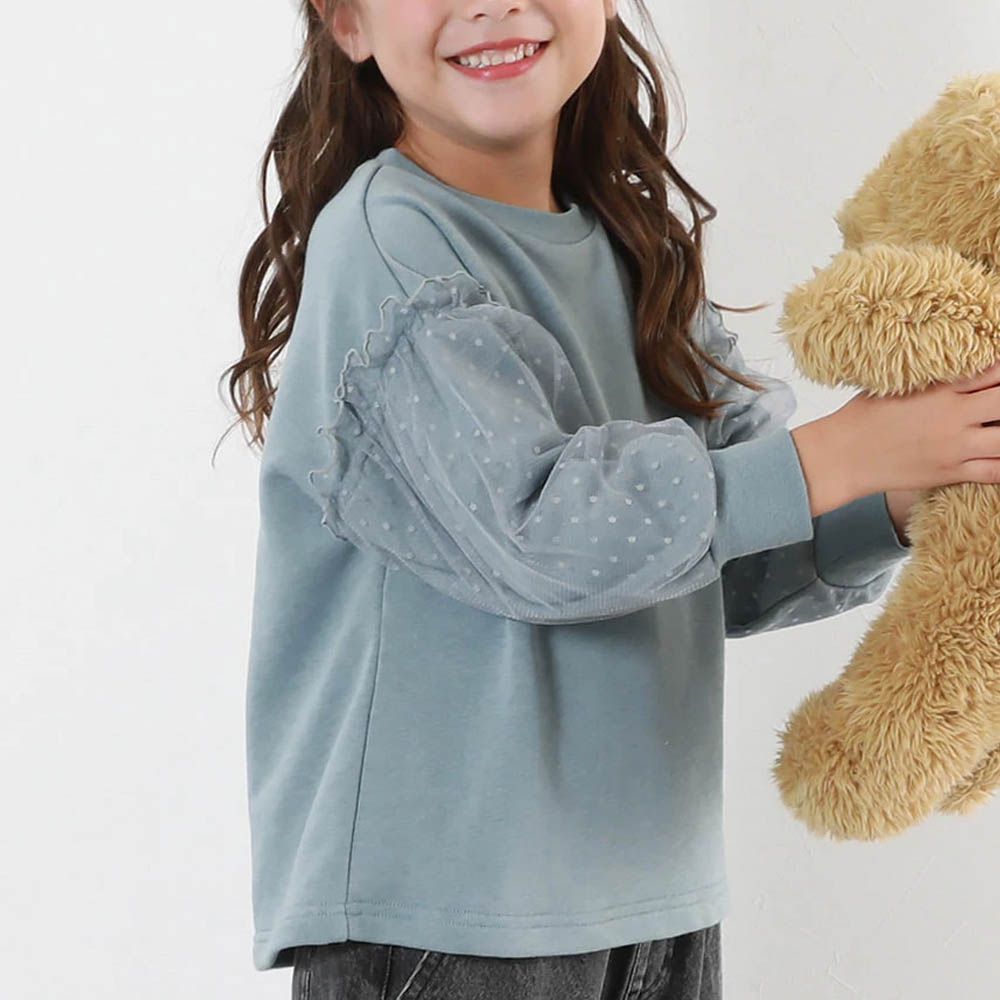 夢幻蕾絲拼接長袖上衣-藍