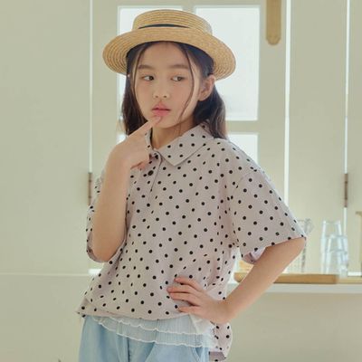 韓國 ERINJ - 小圓點翻領短袖上衣-灰