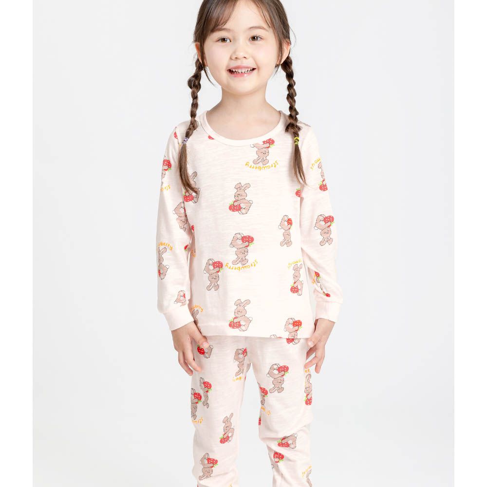 韓製輕柔莫代爾混棉薄長袖家居服-手繪草莓兔-淺粉膚