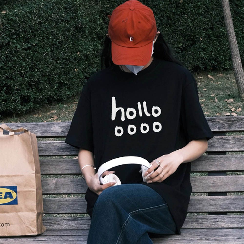 純棉寬版印花T恤-hollooooo-黑色