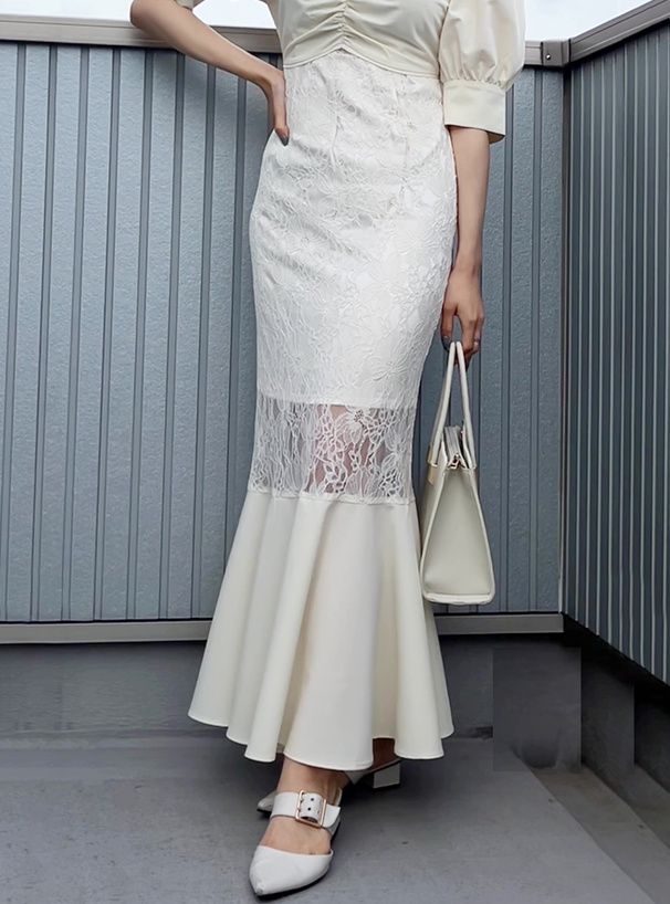 日本 GRL - 公主浪漫蕾絲拼接魚尾洋裝-經典黑