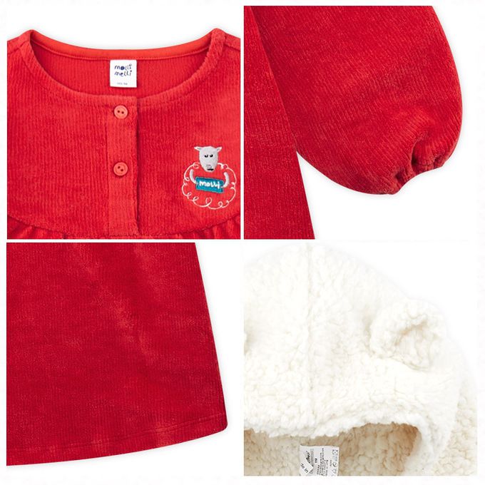 韓國 mollimelli - (含帽子)molli刺繡燈芯絨連身洋裝-紅