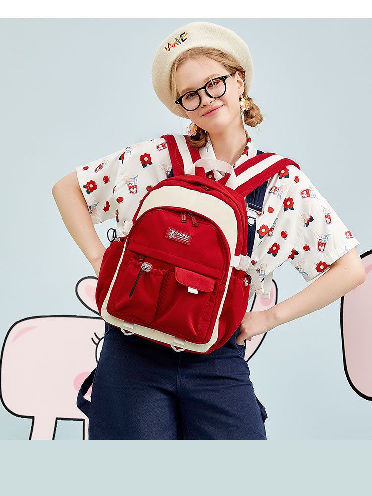 休閒雙口袋多隔層書包-紅色