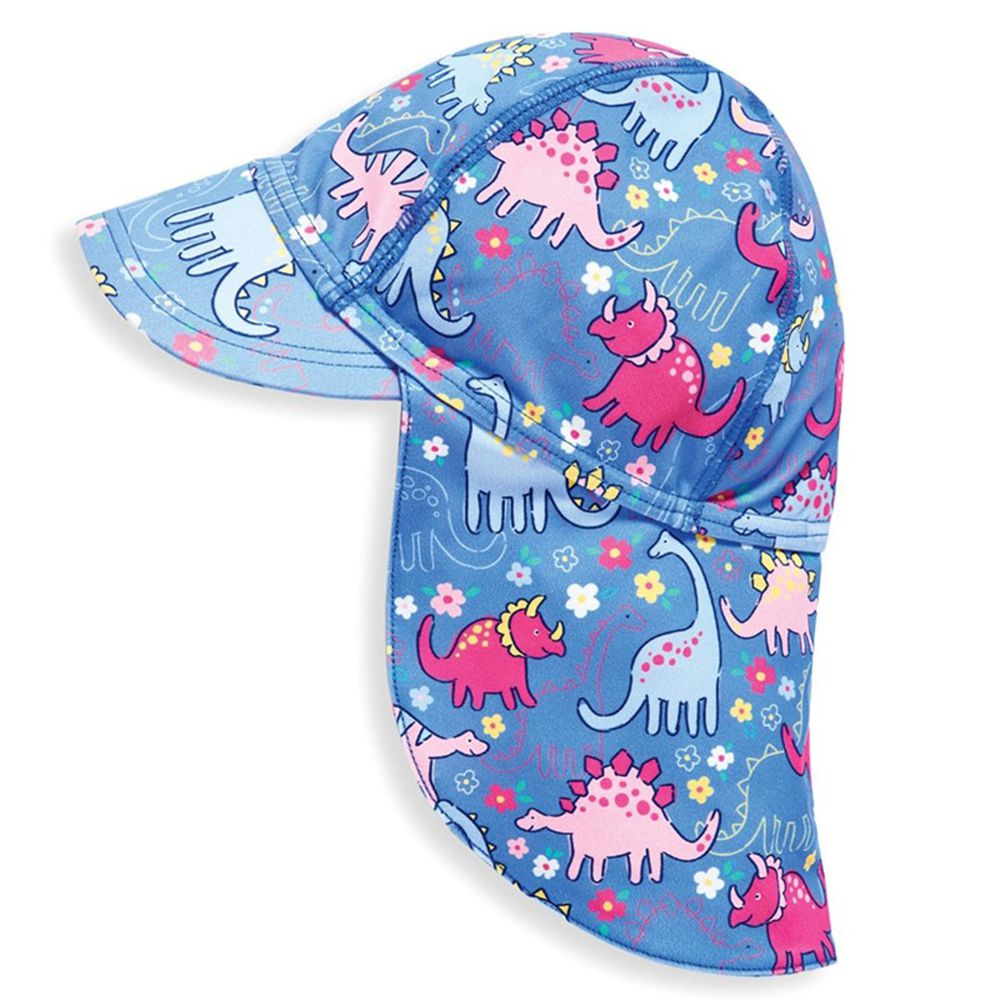 英國 JoJo Maman BeBe - 嬰幼兒/兒童泳裝戲水UPF50+防曬護頸遮陽帽-粉藍三角龍